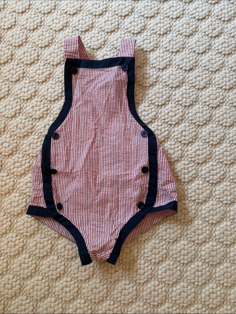 Bella Bliss Red /White Stripe Romper w/Navy Trim